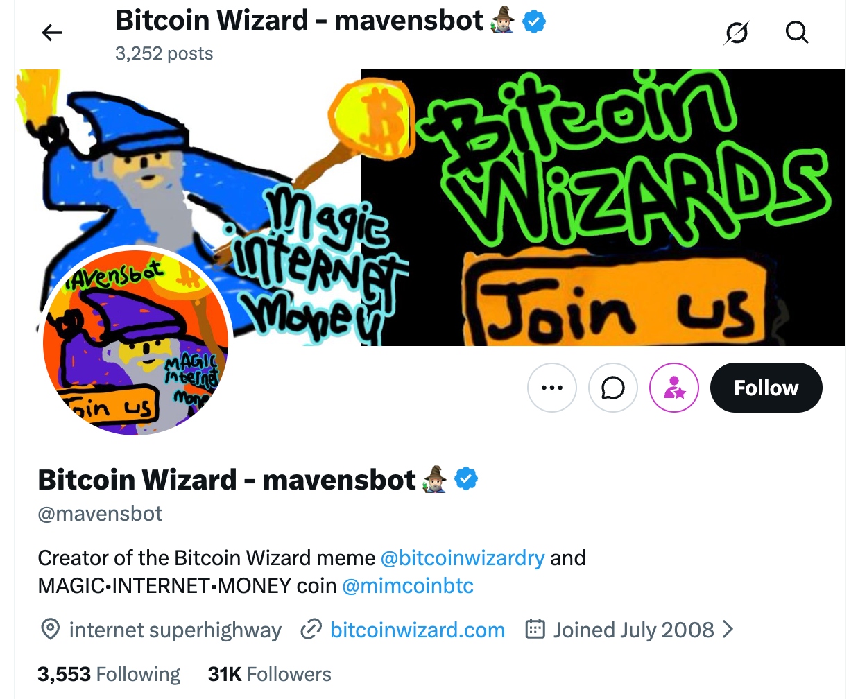 mavensbot X profile — the original creator of the Bitcoin Wizard meme